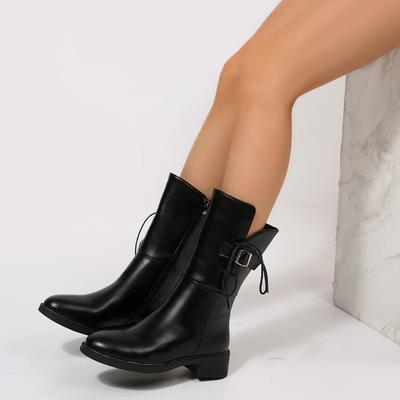 Women'S Mid-Calf Boots Autumn Winter Fashion New Casual Plus Warm Shoes Round Toe Zipper Solid Color Comfortable Pu Leather Boot
