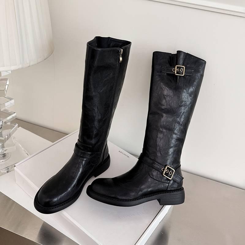 Autumn and winter women's leather boots versatile medium heel leather knight boots round head side zipper new cowhide big tube high boots