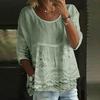 Damen T-Shirt Rundhalsausschnitt Halbe Ärmel Stickerei Blumenmuster Lockerer Saum T-Shirt Einfarbige Falten Design Sommer Oberteile