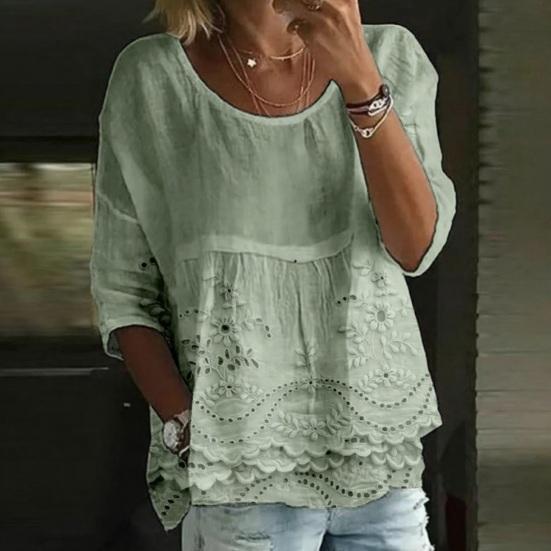 Damen T-Shirt Rundhalsausschnitt Halbe Ärmel Stickerei Blumenmuster Lockerer Saum T-Shirt Einfarbige Falten Design Sommer Oberteile