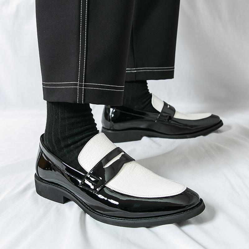 Men Black Loafers Leather Shoes Formal Business Flats Slip on Shoes Wedding Dress Prom Shoes Mosaic Contrast Over Sized