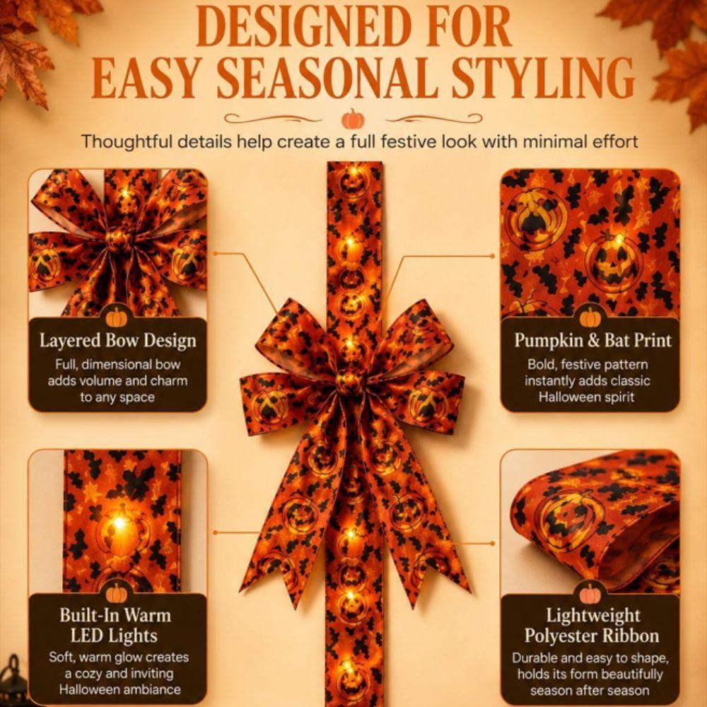 Satin Fabric Halloween Bow Black Color Light Up Design Lighted Bow Spooky Pattern Embroidered Fabric Bow Ornament