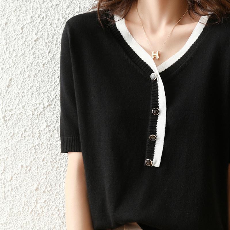 

Женский вязаный свитер с V-образным вырезом и короткими рукавами, летняя мода, свободный и тонкий, универсальная футболка-топ для ношения под низ S чёрный