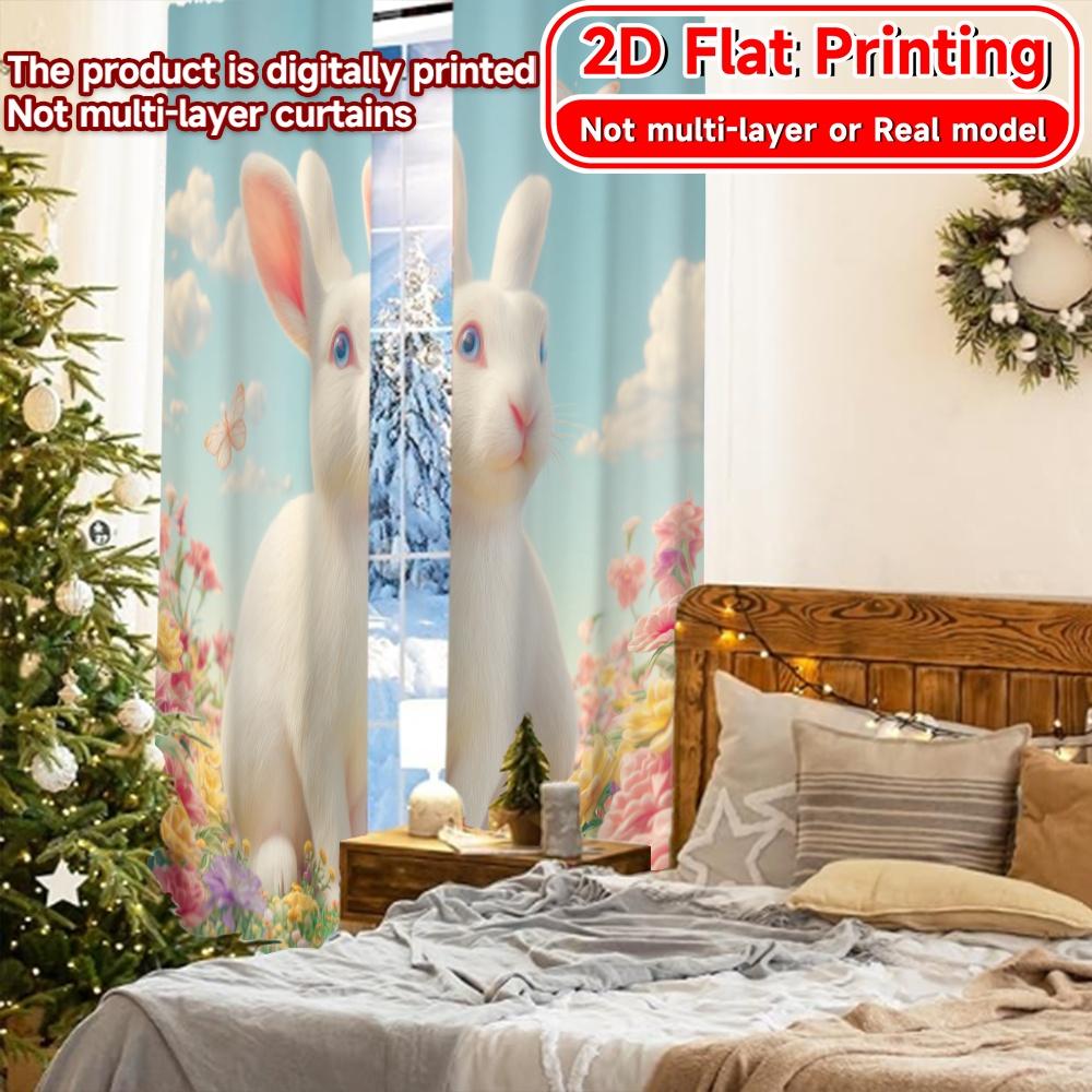 Set Of 2 Flat Printing Curtains Without Rod Easter Bunnies Bloom Festival Chic Print Durable Polyester Curtain