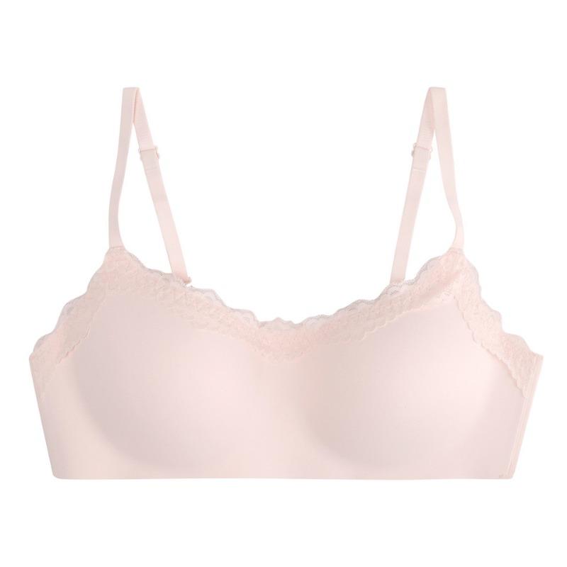 

Cream Lace Trim Seamless Bra Thin Straps Wireless Everyday Lingerie S розовый