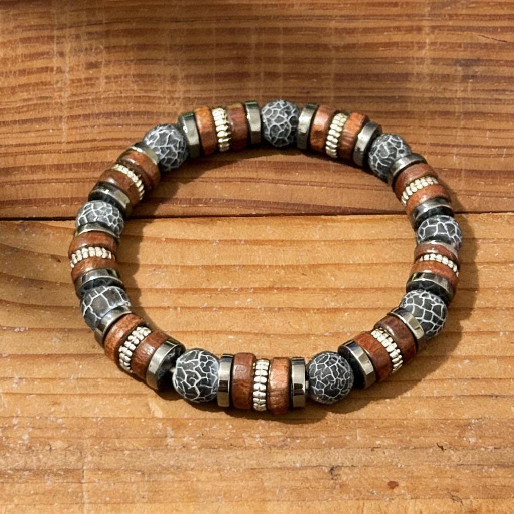 Temu Men's Black Hematite and Weathered Stone Beaded Bracelet