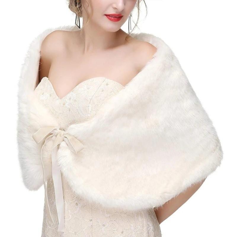 Bridal Faux Fur Cape Wedding Shawl Women Thick Warm Formal Dress Cover Up Winter