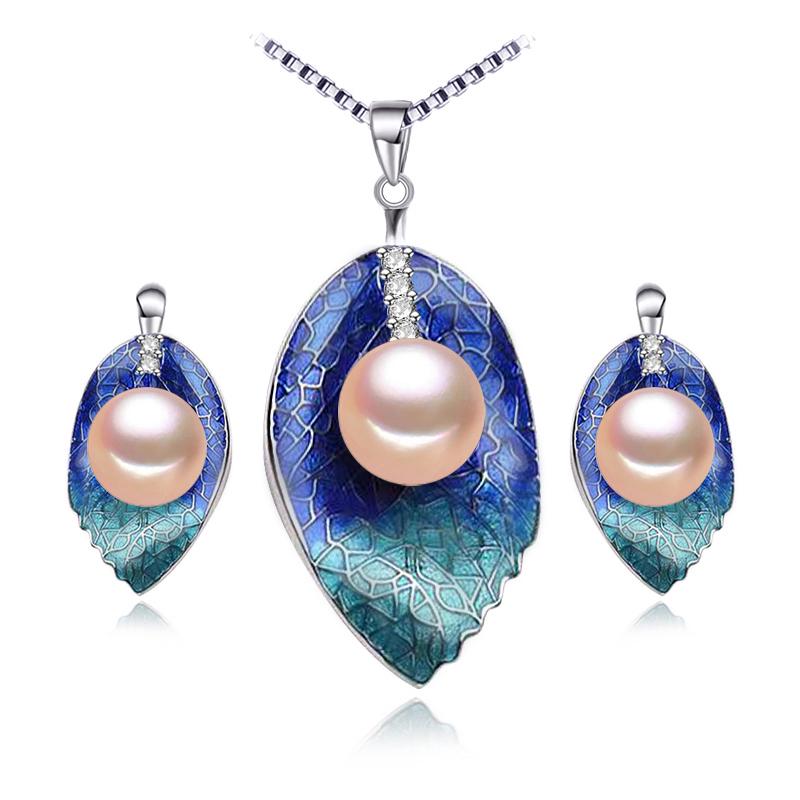 LSOOYH Cloisonne Natural Freshwater Pearl Earrings Fashion Leaf Necklace For Women Pearl Jewelry Set