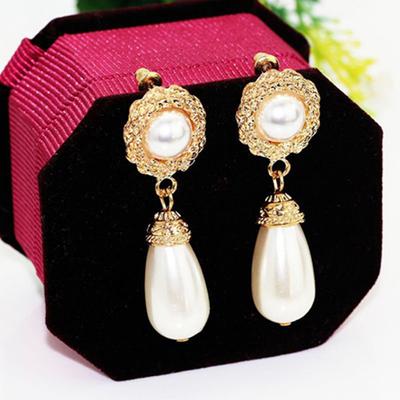 Women Elegant Luxury Golden Tone Jewelry Faux Pearl Drop Dangle Stud Earrings
