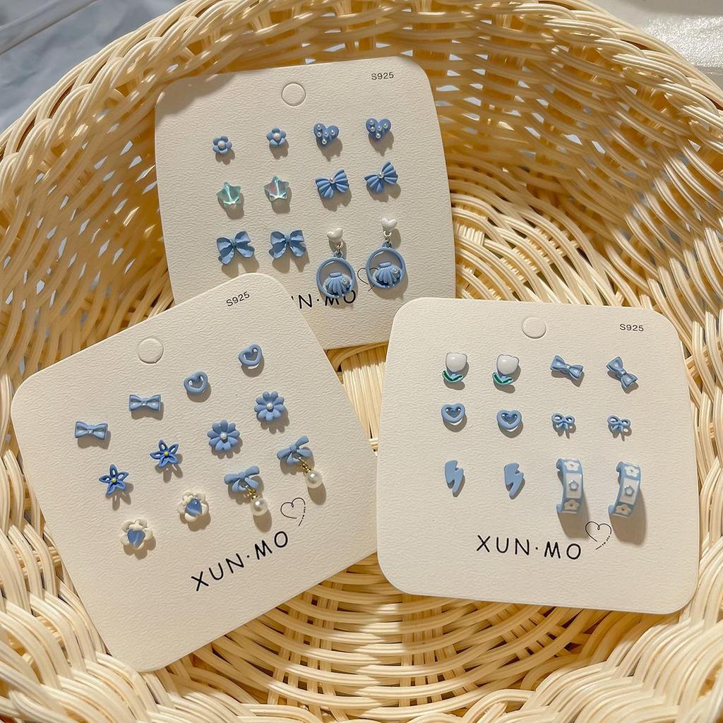 2024 New Blue Tone Silver Stud Earrings for Women