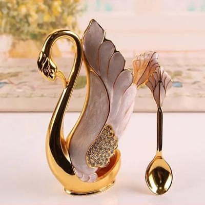 Creative Dinnerware Set Decorative Swan Base Holder with 6 Spoons or Forks for Coffee Fruit Dessert Stirring Mixing Gift Idea