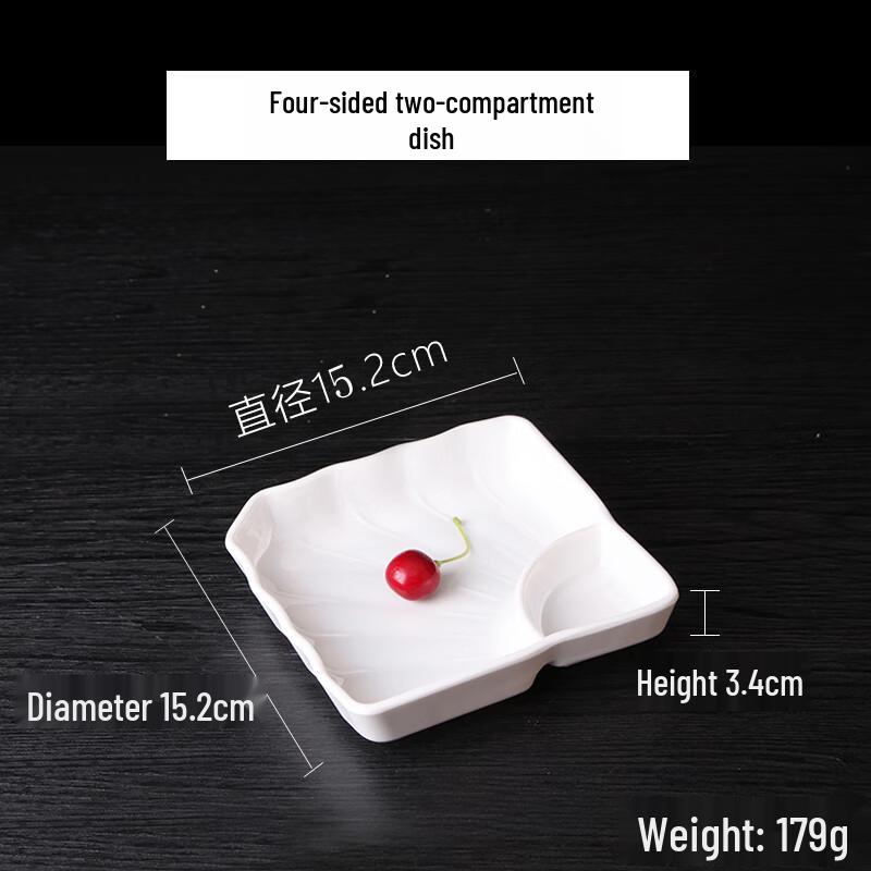 Qianxing A8 White Melamine Two-Compartment Dumpling Plate with Sauce Dish - Set of 10