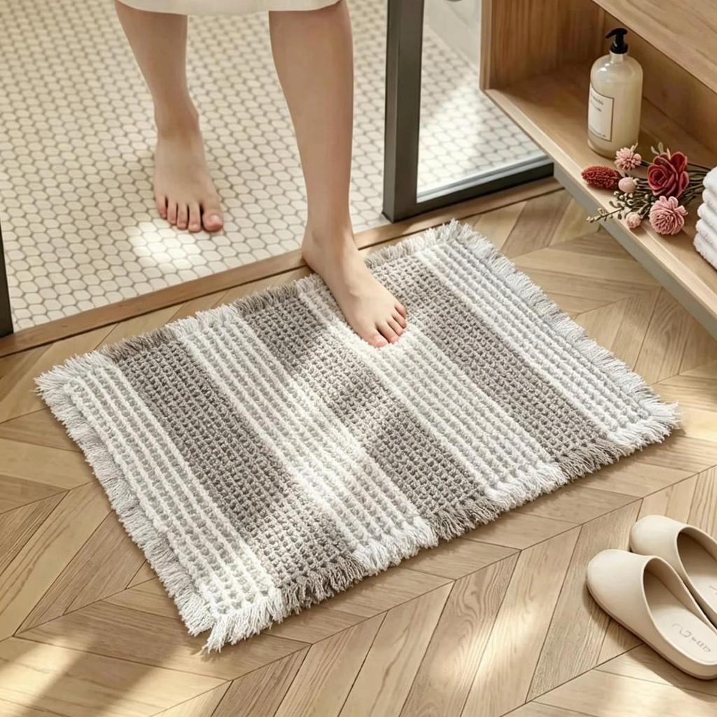 Japon Waffle Püsküllü Banyo Paspası: Kaymaz, Sıcak Eriyik Yapışkanlı, Emici Kapı Paspası Ayak Pedi