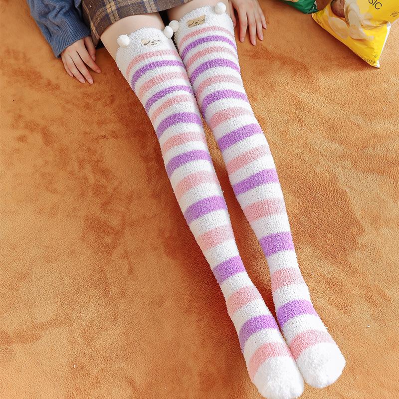 Autumn and Winter Coral Fleece Sleep Socks Thickened and Warm Christmas Gift Cartoon Calf Socks Half-fleece Women's Over-the-knee Socks