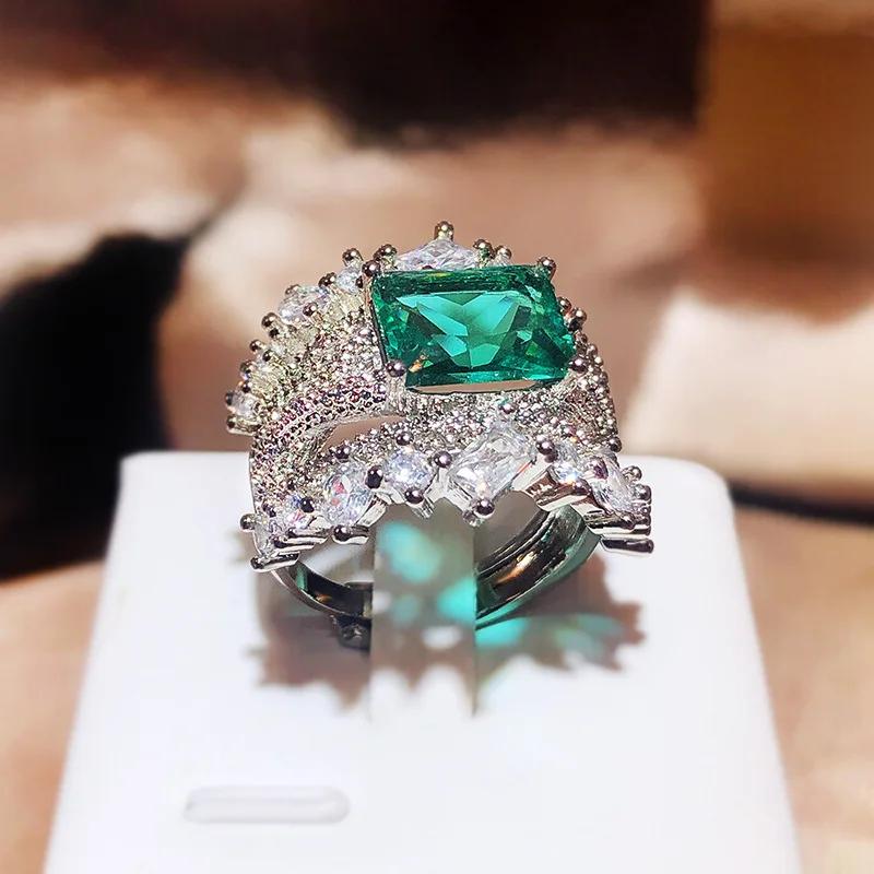 Hot Selling New Product Simulation Emerald Tourmaline Opening Ring Female Luxury Princess Square Full Diamond Ring Party Gift