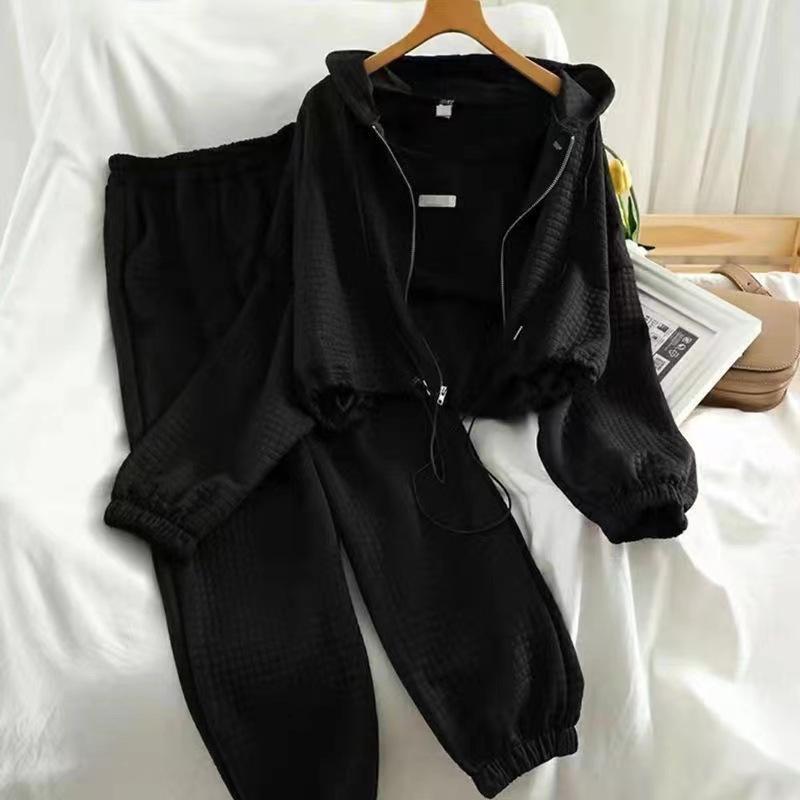 

Женский стильный ретро повседневный комплект больших размеров - Осень 2024 Свободная куртка и джоггеры M чёрный