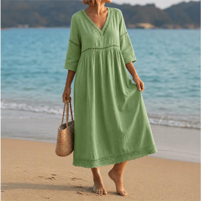 QICED Fashion Summer Spring Solid Color Print  3/4 Sleeves V-Neck Casual Dresses