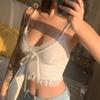 Women Simple Lace Flower Pit Strip Drawstring V-neck Suspender Vest Short Top
