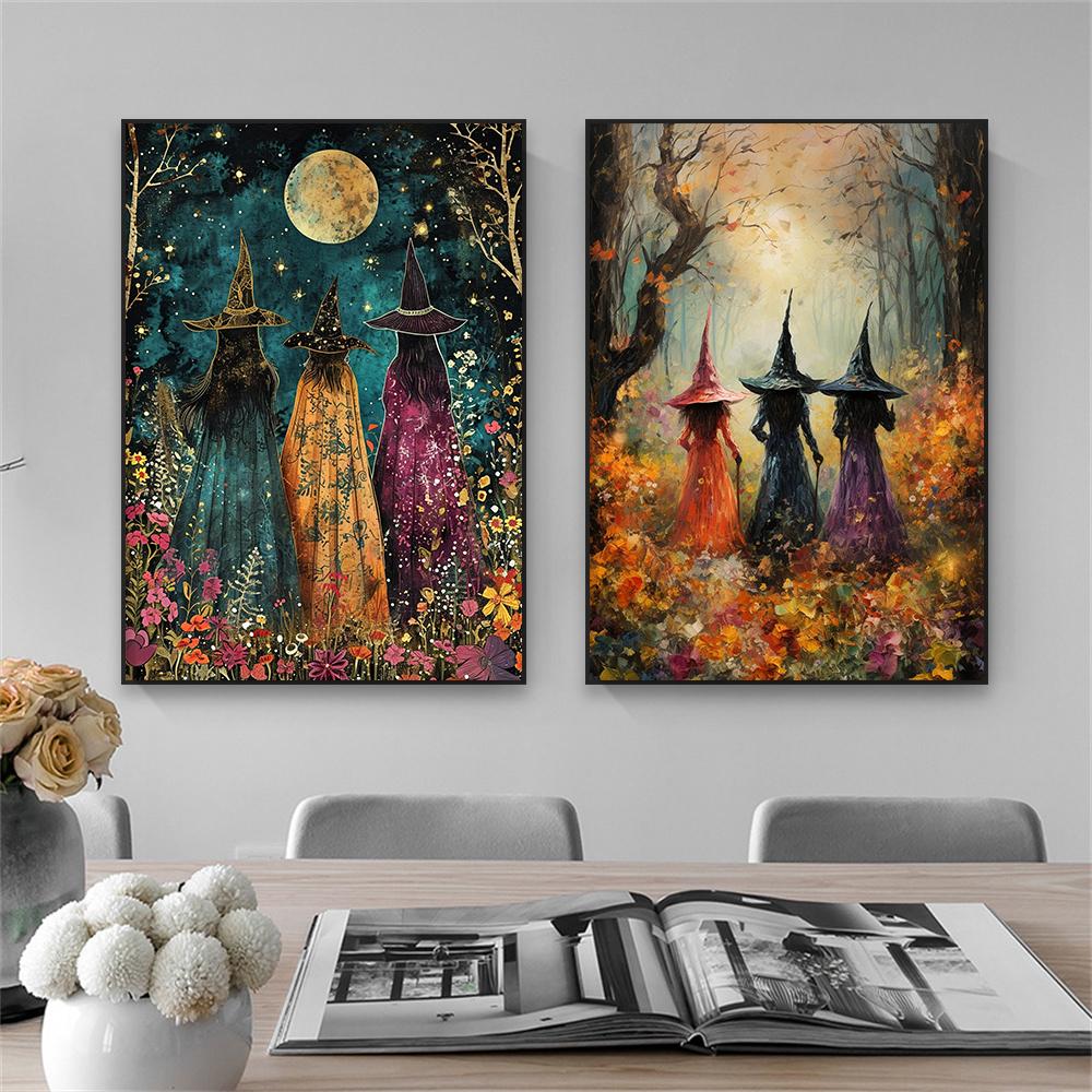 Floral Witch Classical Poster Mystical Art Oil Painting Print Witches Coven Amongst The Wildflowers Canvas Painting Wall Decor
