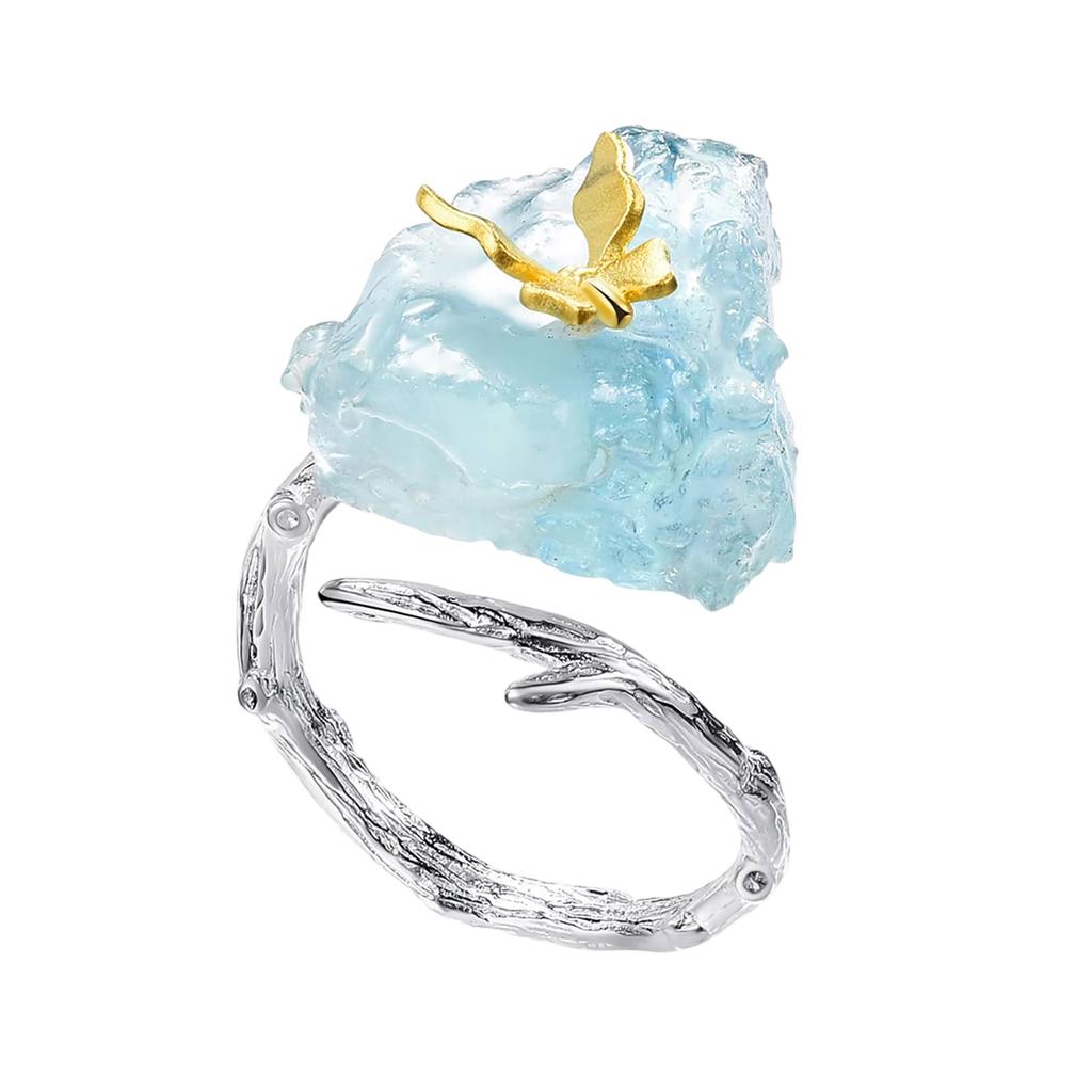 Adjustable Aquamarine Butterfly Ring with Big Gemstones Natural Stone Finger Jewelry Accessory for Elegant Women