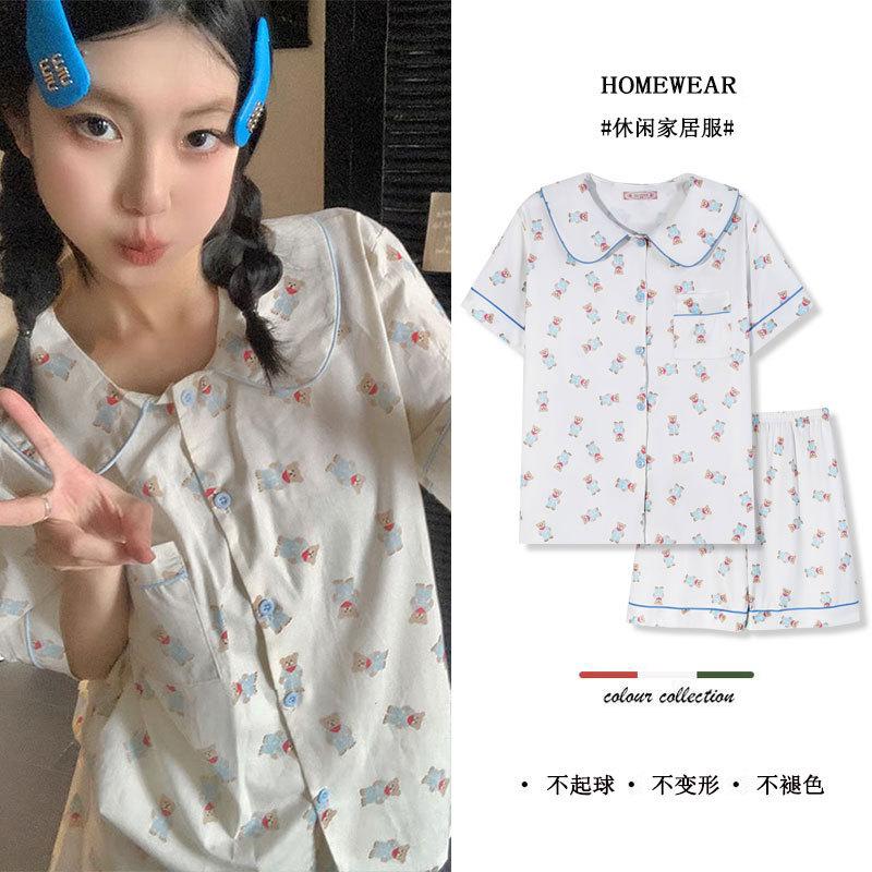 Summer Pajamas Women's Imitation Cotton Korean Cute Cartoon Sweet Student Short-sleeved Loungewear Suit