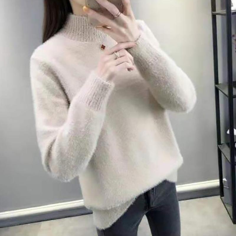 Golfy Jednokolorowe Elastyczne Swetry Casualowe Damskie Jesienno-zimowe Swetry Z Długim Rękawem Sweter Dzianinowy