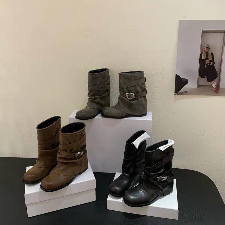 Retro belt buckle stack boots women's autumn new old short knight boots Spice girl locomotive Martin short boots