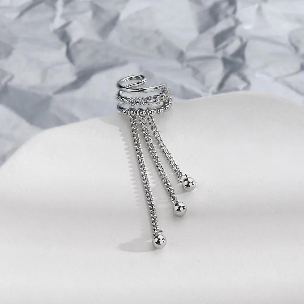 Korean Fashion Ear Clip Piercing Tassel Earrings for Girls Women Silver Color Zircon No Ear Hole Cartilage Jewelry LAMOON