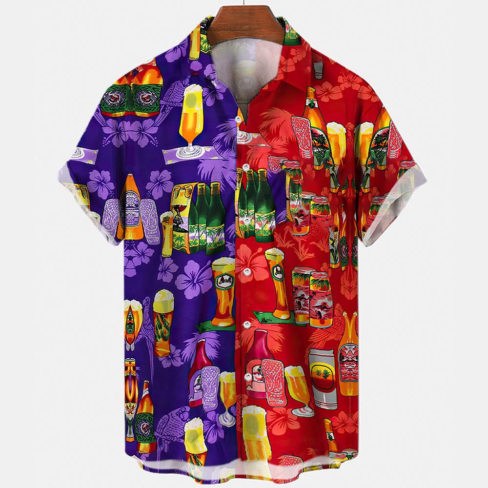 Hawaiian Beach Harajuku Shirts For Men 3D Print Beer Short Sleeve Tees Summer Vacation Style Single-Breasted Tops Lapel