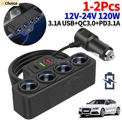 Car USB Charger QC3.0+PD 3.1A 12V/24V Car Cigarette Lighter Splitter 4-Socket 120W Phone Power Adapter USB Phone Charger Adapter