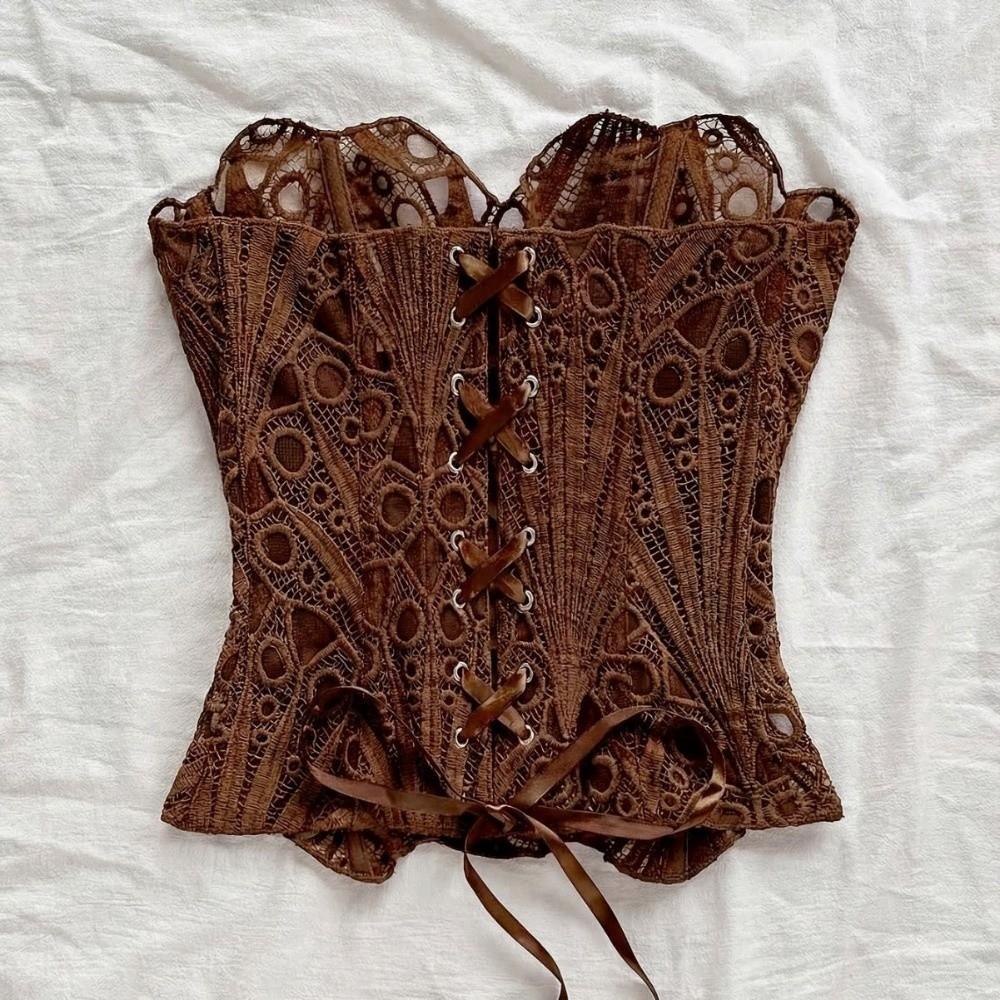 Fishbone Hollow Out Corset Top Back Tie Women Underwear Vintage Slimming Tube Top  Court Style