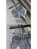 Vintage Low Rise Denim Shorts with Fringe & Ripped Pockets