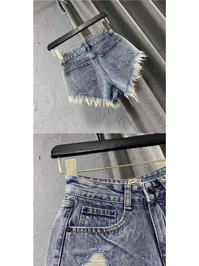Vintage Low Rise Denim Shorts with Fringe & Ripped Pockets
