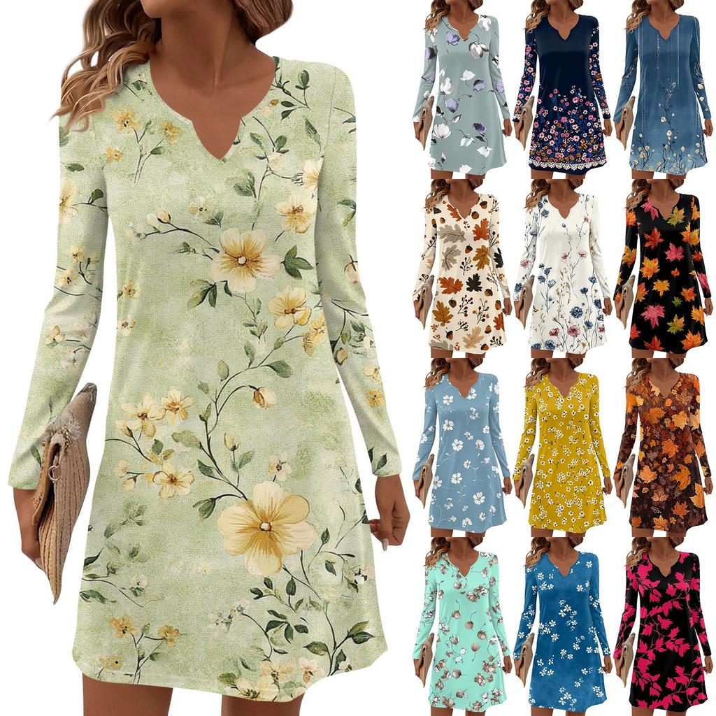 Women's Long-sleeved Casual Midi Dresses V-Neck Print  Casual Dress