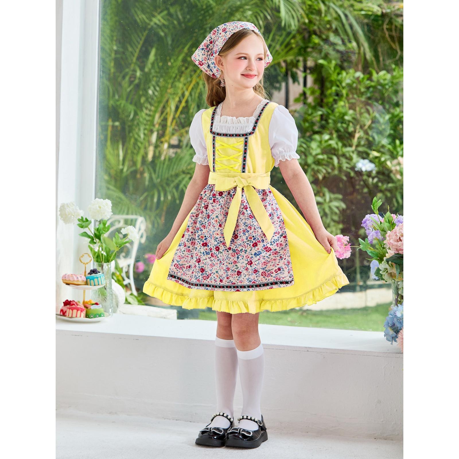 

Girls Traditional Dress Oktoberfest Costume Country Style Apron Dress with Headscarf and Puff Sleeve Shirt for Kids 120 жовтий