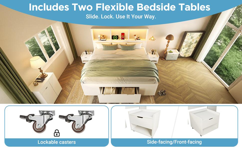 Bed 140x200 cm White with 2 Movable Nightstands, Wooden Bed with LED Lighting and USB Type-C Charging, Frame with Drawer and Shelves, without Mattress