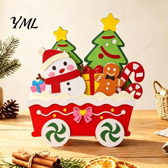 Christmas Party Supplies Wooden Cart Tabletop Decorations, Xmas Figurine Ornament with Snowman Winter Theme Decorations Elk Penguin, Festive