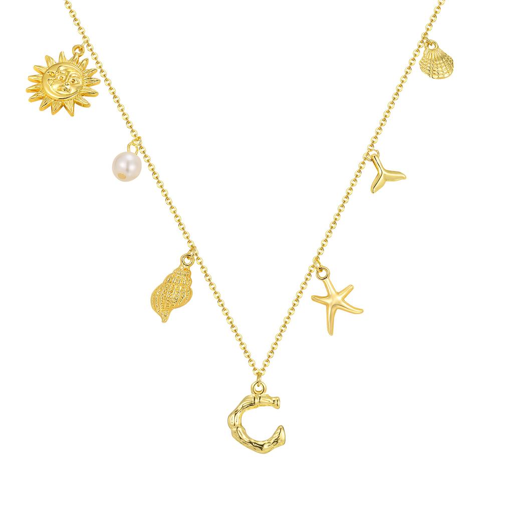 Initial Charms Necklace for Women, Boho Seashell Starfish Beach Letter A-Z Pendant, Summer Beach Vacation Jewelry