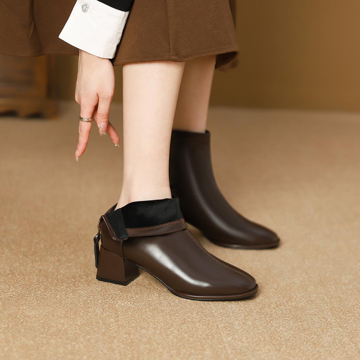 

Высокий каблук квадратный носок короткие ботинки ботинки Мартин весна и осень флис одинарные ботинки женские ботинки задняя молния короткие ботинки женские ботинки на толстом каблуке 40