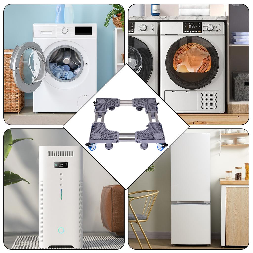 Gray reinforced double tube 8-leg 4-wheel mobile model with adjustable width 52-66cm washing machine base bracket storage rack