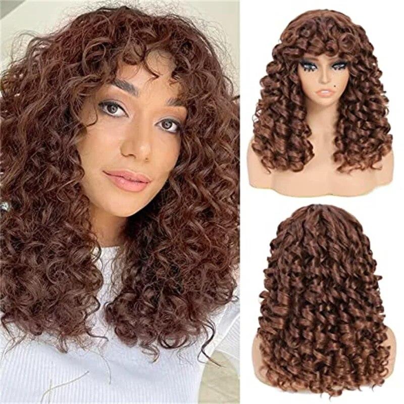 Long Deep Curly Synthetic Hair Replacement Wig with Bangs Big Curly Wigs for Black Women 20 Inch Kinky Curly Wig For Daily Use