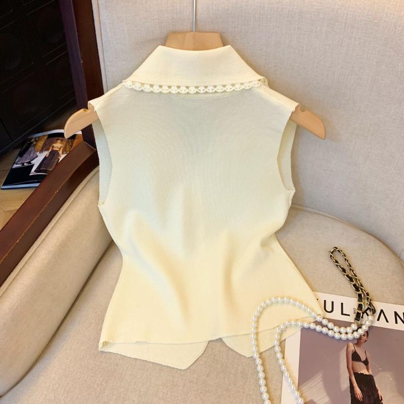 Fashionable Knitted Vest for Women with Spliced Slimming Lace Polo Collar Waistcoat Sleeveless Top