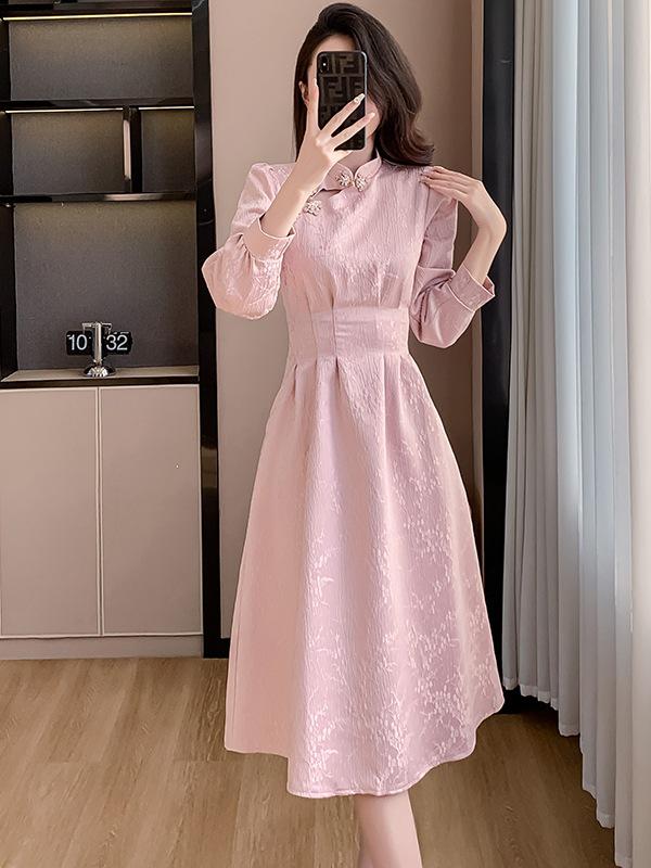 

Pink Cheongsam Long Sleeve Bridesmaid Dress - Spring Engagement and Homecoming Style L