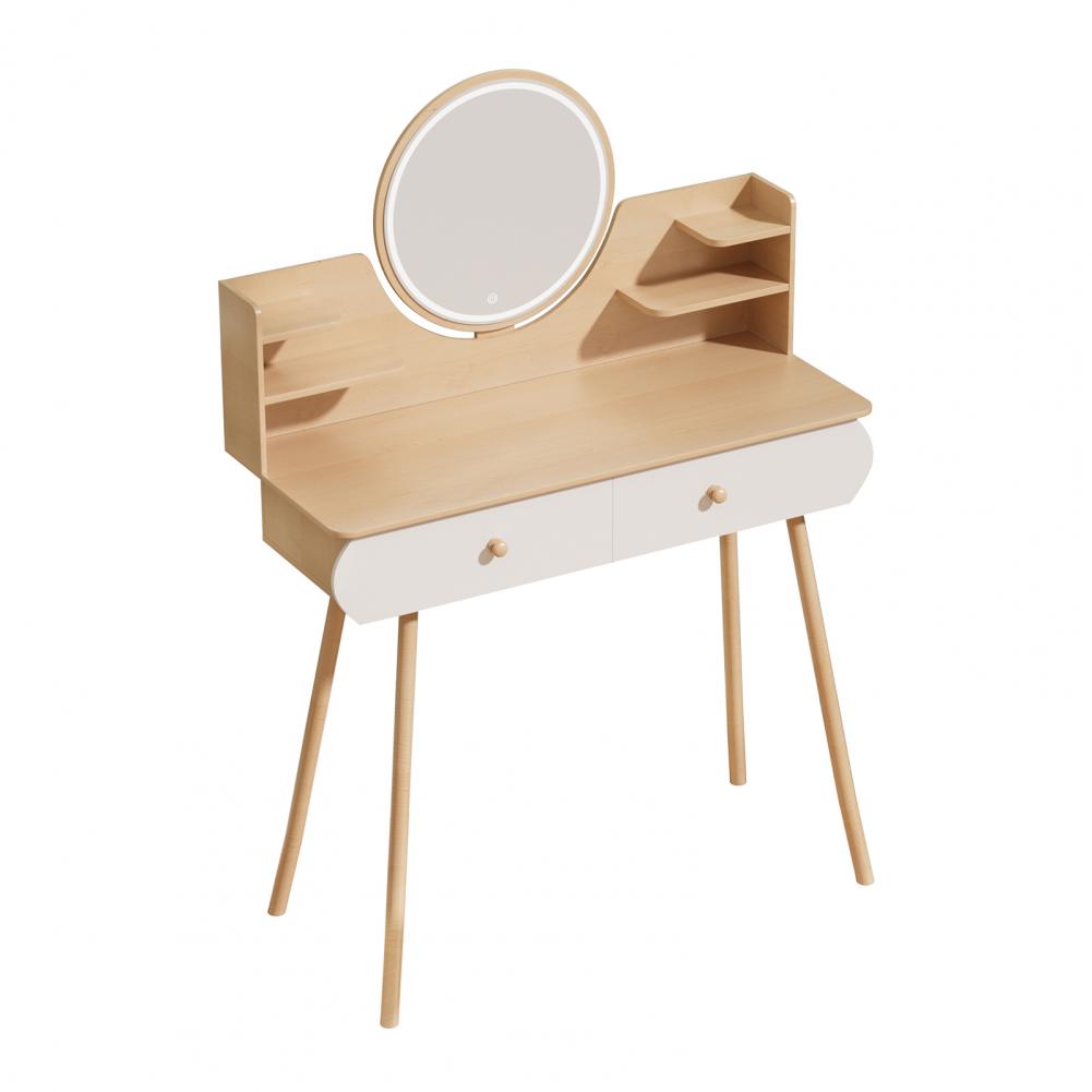 Туалетный столик с зеркалом и LED-подсветкой – 3 режима яркости, 2 выдвижных ящика, открытые полки, туалетный столик для спальни