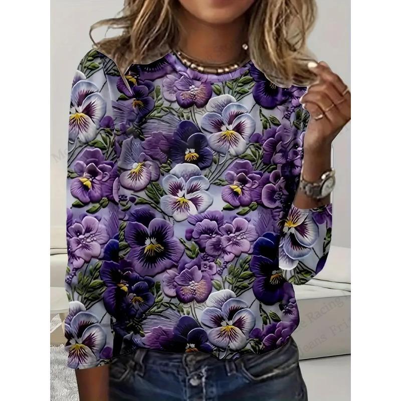 Lebhaftes Blumenmuster Langarm Rundhals T-Shirt - Weich, Atmungsaktiv, Lässiges Oberteil für Frühling & Herbst - Damenbequeme Kleidung für den Alltag