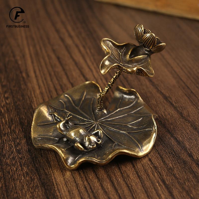 Antique Brass Lotus Leaf Backflow Incense Burner Decorations Solid Pure Copper Frog Lotus Pond Censer Holder Ornaments Tea Pets