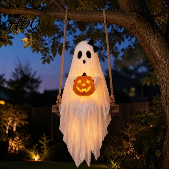 Vnitřní Venkovní Sváteční Dekorace Halloween Osvětlený Duch na Houpačce se Svítícím Dýní, Závěsná Strašidelná Slavnostní Atmosféra Party Suvenýry pro Verandu Zahrádku,