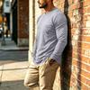 Men's Casual Long Sleeve Round Neck T-Shirt with Pocket for Everyday Wear