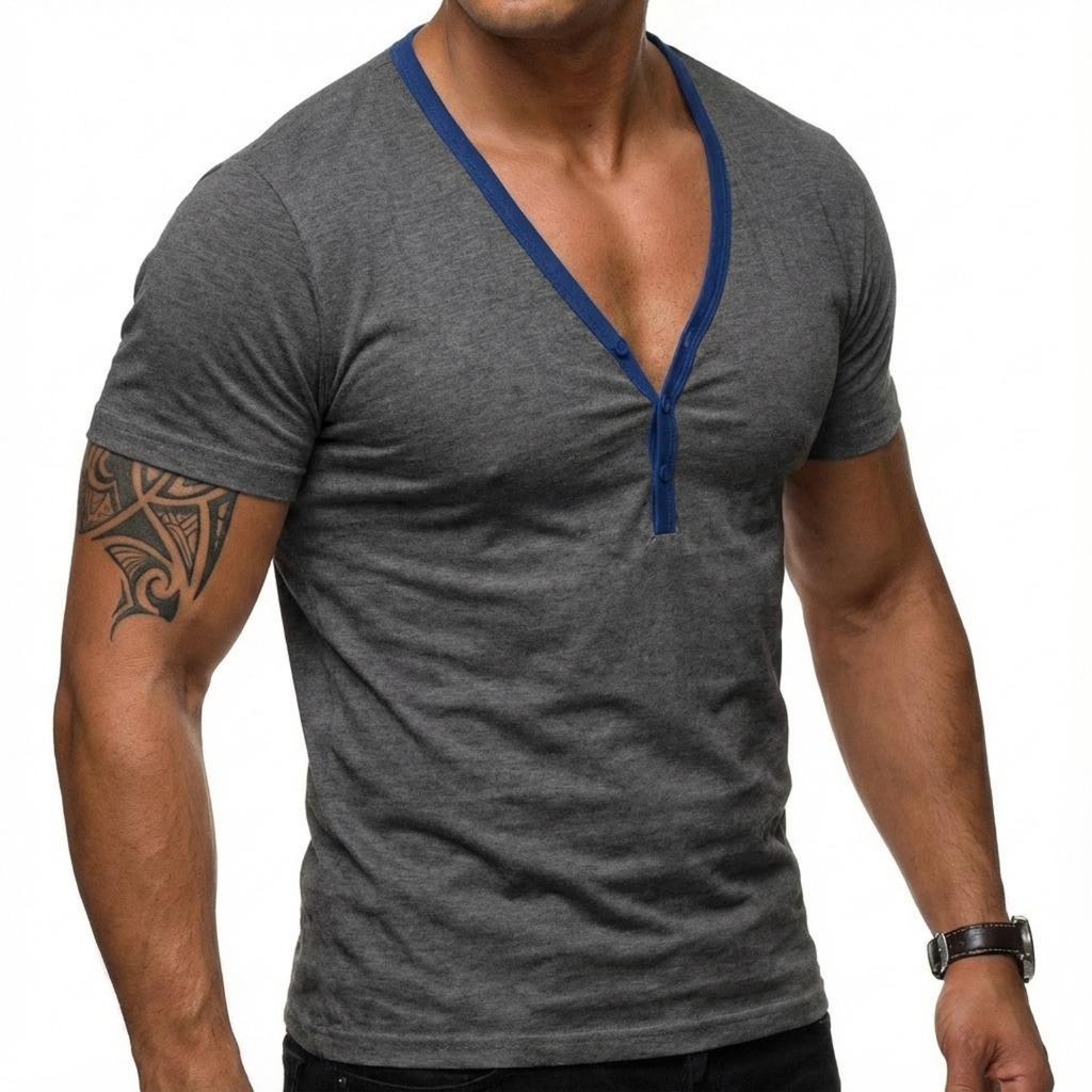 Men's Casual Base Layer Sportswear, Men's Color-blocked Low-cut V-neck Short-sleeved T-shirt Top