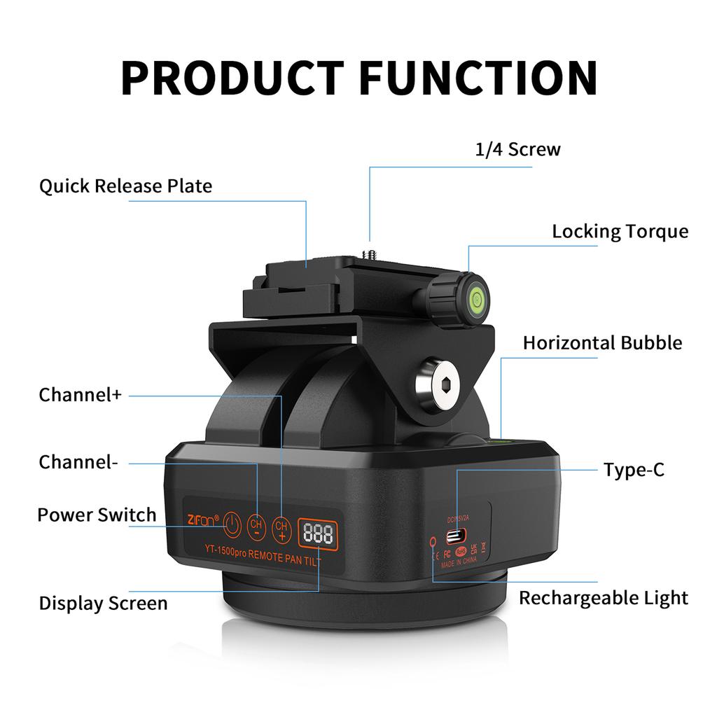 ZIFON YT1500pro Remote Control Pan Tilt Head Motorized Panoramic Head 360 degrees Rotating Panoramic Tripod Head 40M